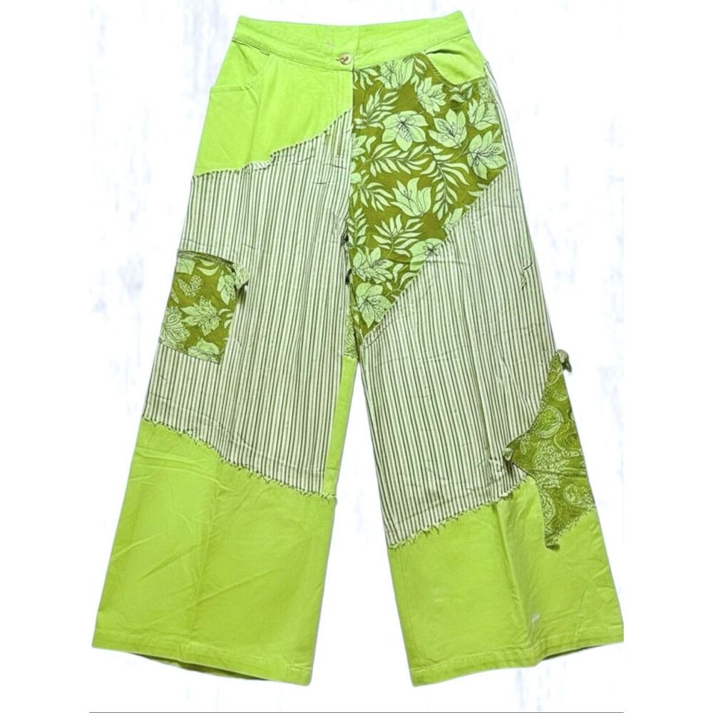 POL Striped Floral Patchwork Wide Leg Pants Green Boho Star Patch Palazzo NEW - Picture 11 of 12